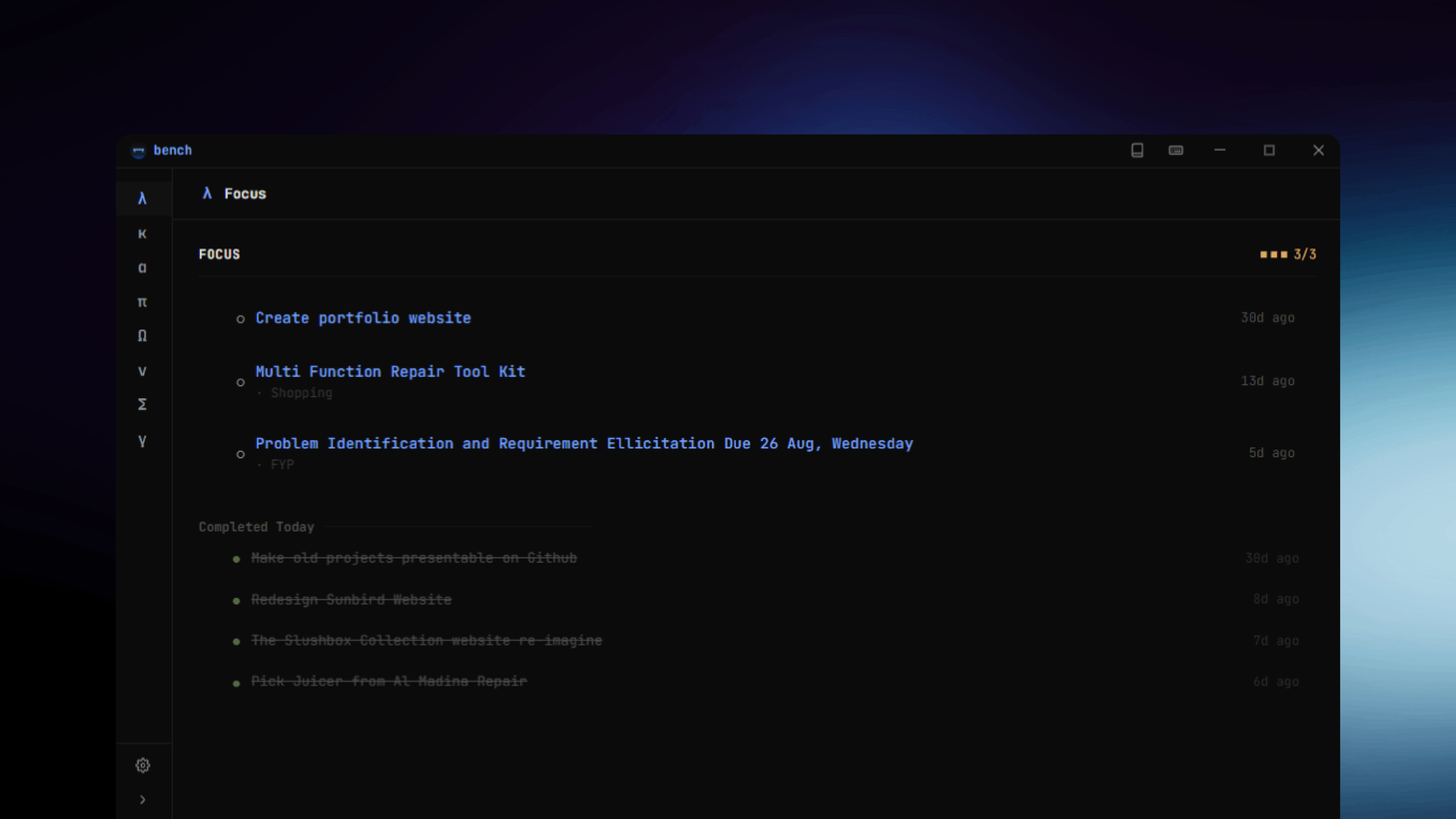 Bench desktop application interface