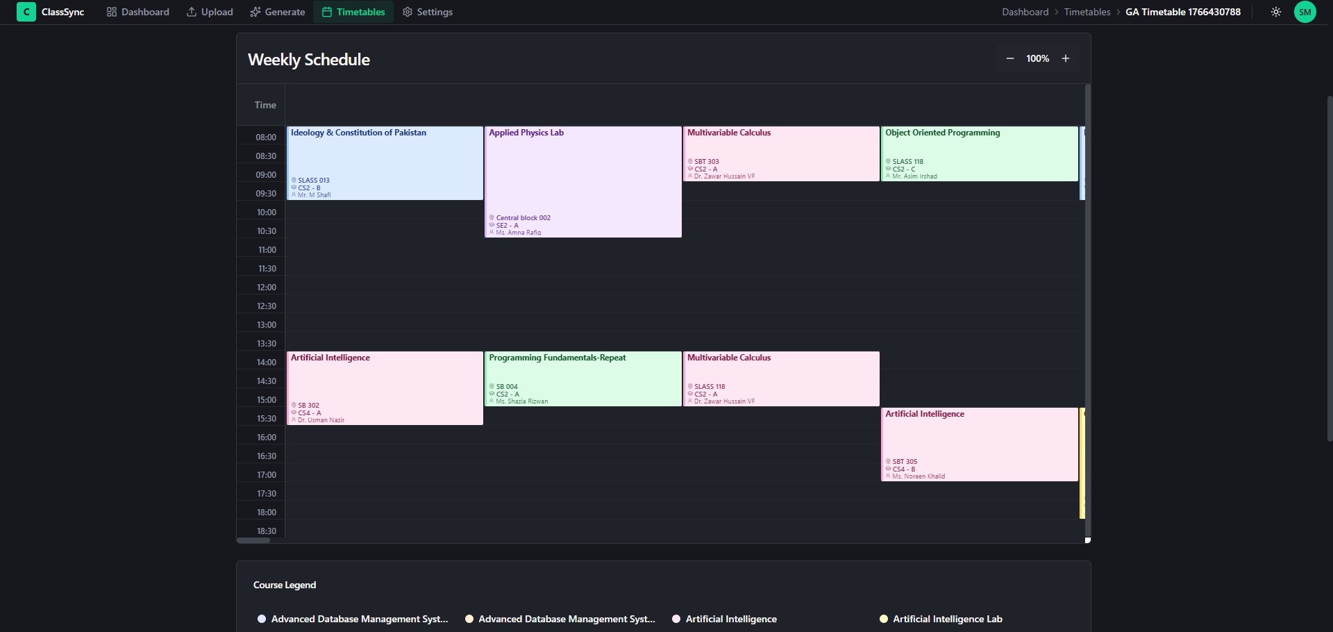 generated timetable grid