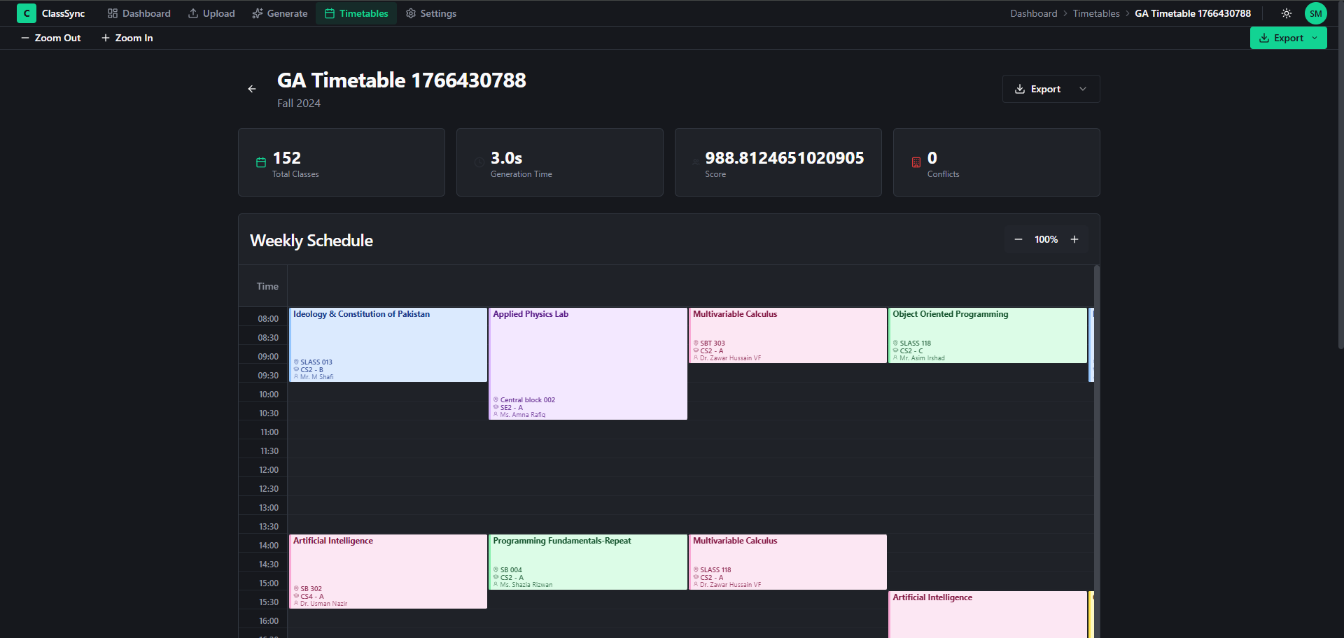 generated timetable matrix
