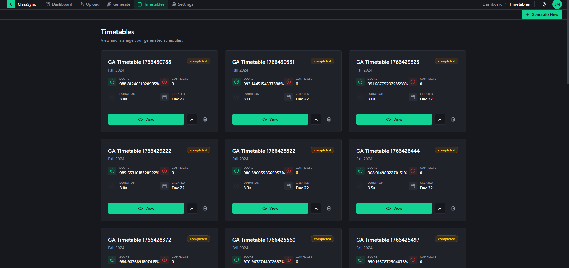 generated timetables list