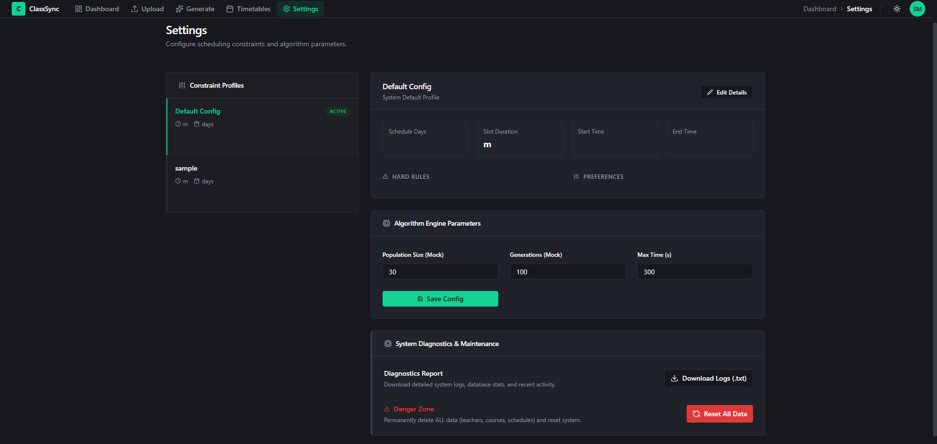settings view