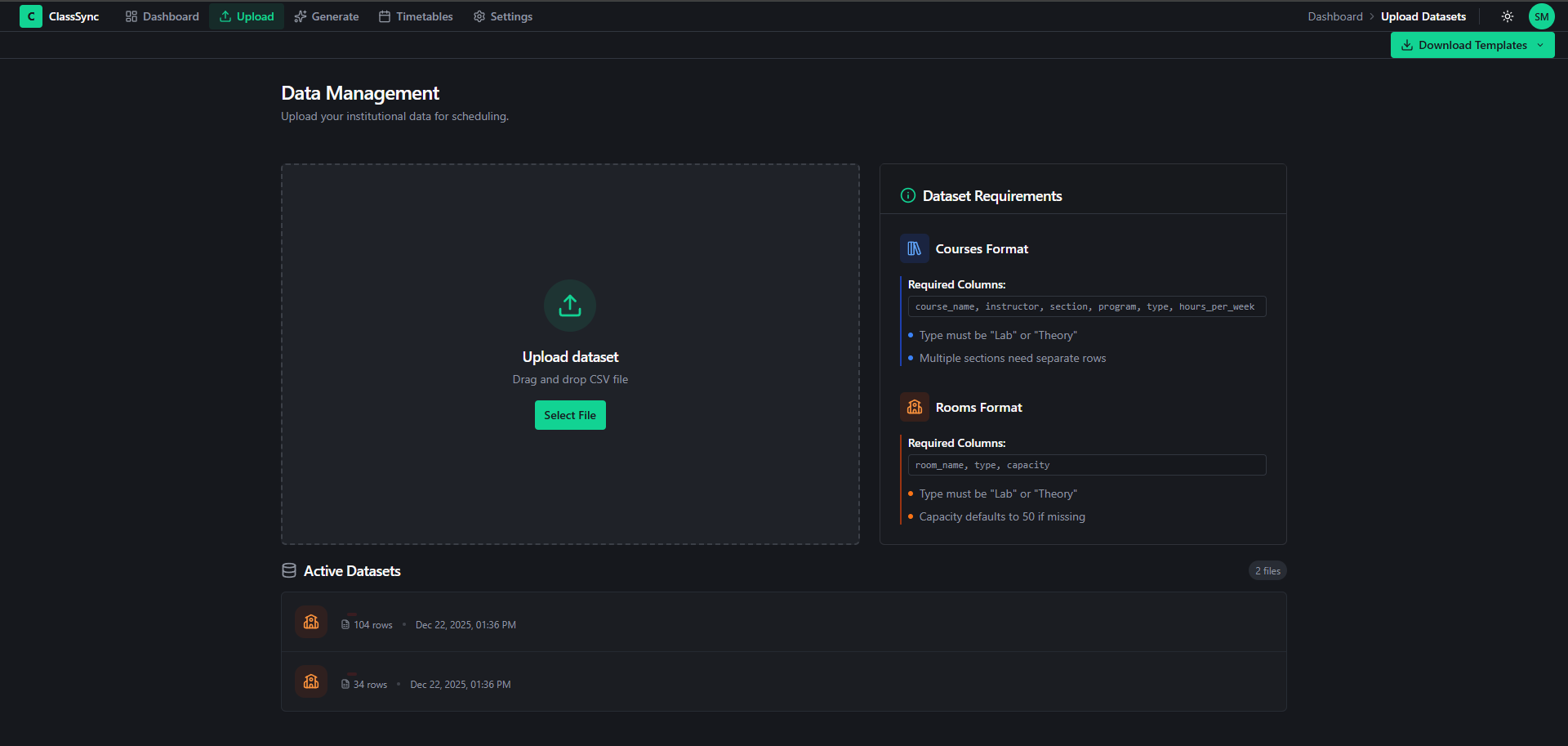 upload dataset view
