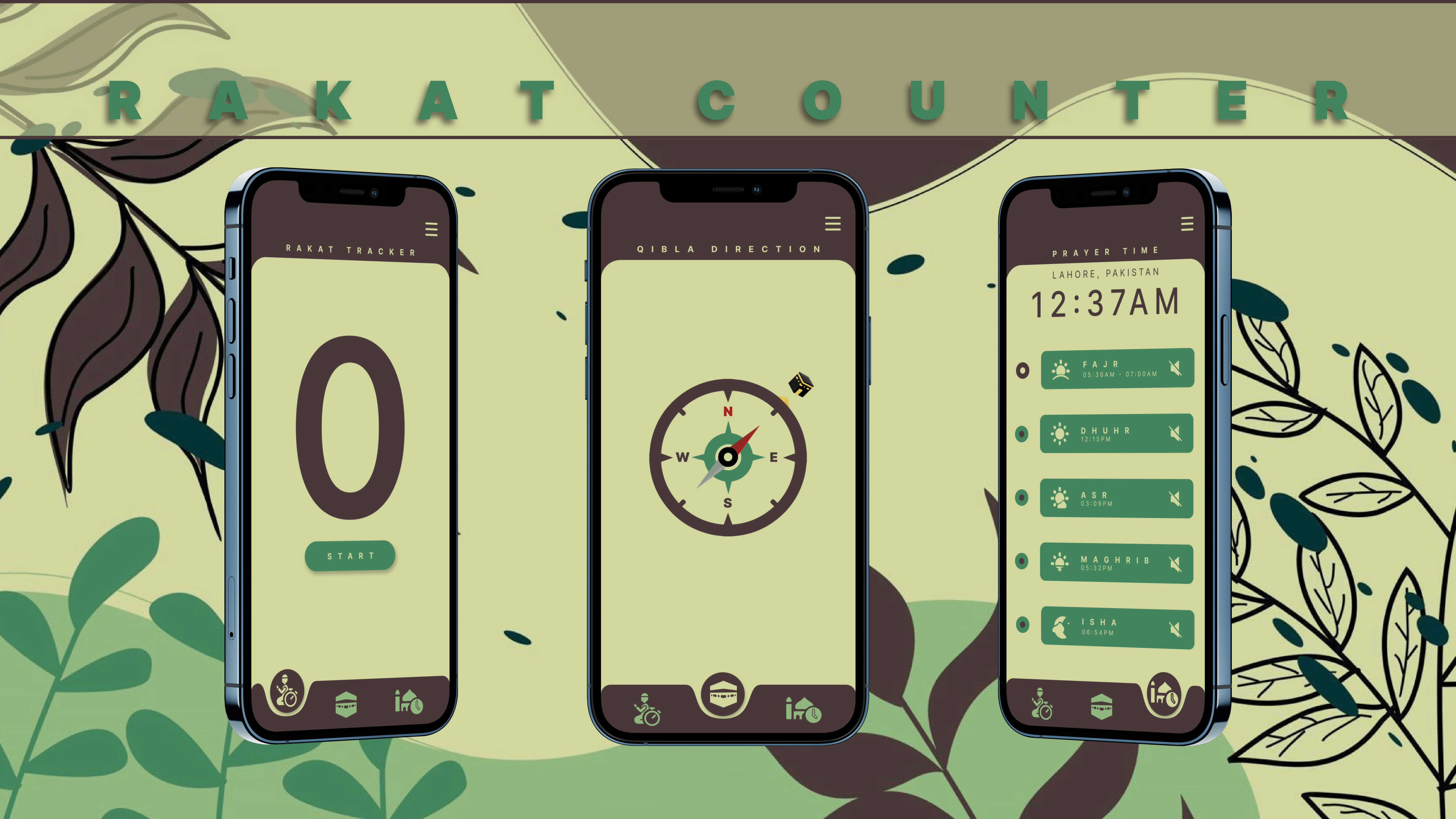 Rakat Counter high-fidelity application screens